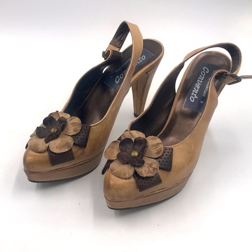 Sapatarias👠Convento Brown Flower Embellished Heels Size 6.5